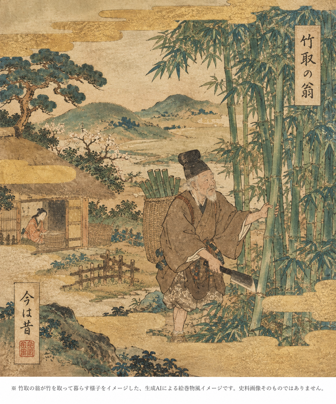 竹林で竹を切り出す竹取の翁を描いた絵巻物風の生成AI画像