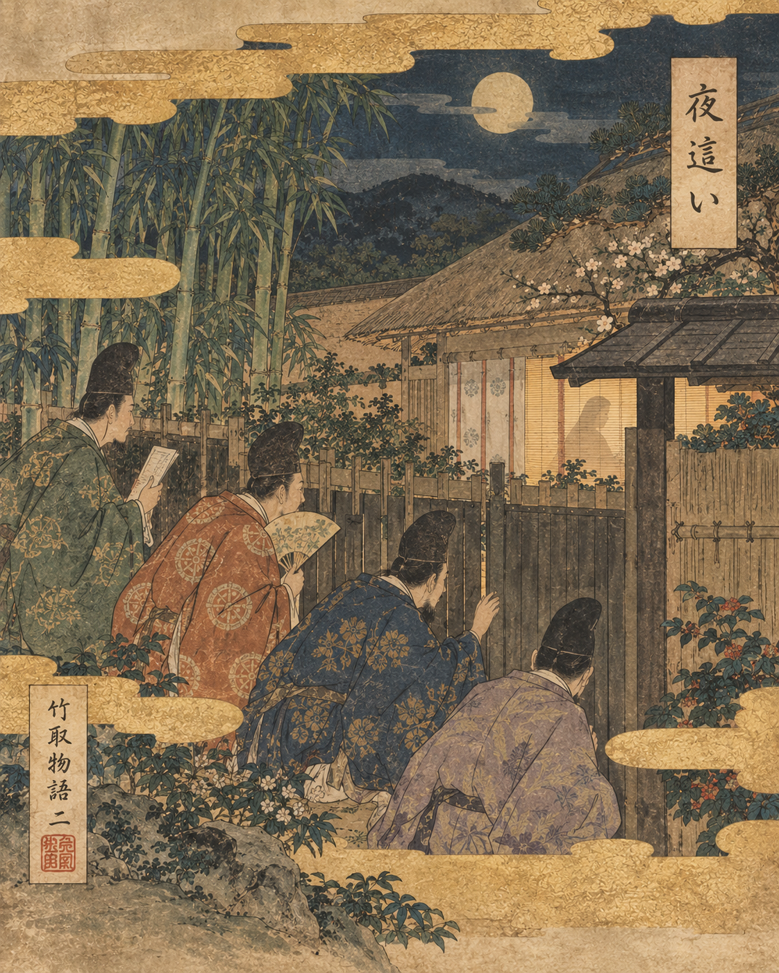 姿を見せないかぐや姫の家の外で、男たちが垣の向こうをうかがう絵巻物風の生成AI画像