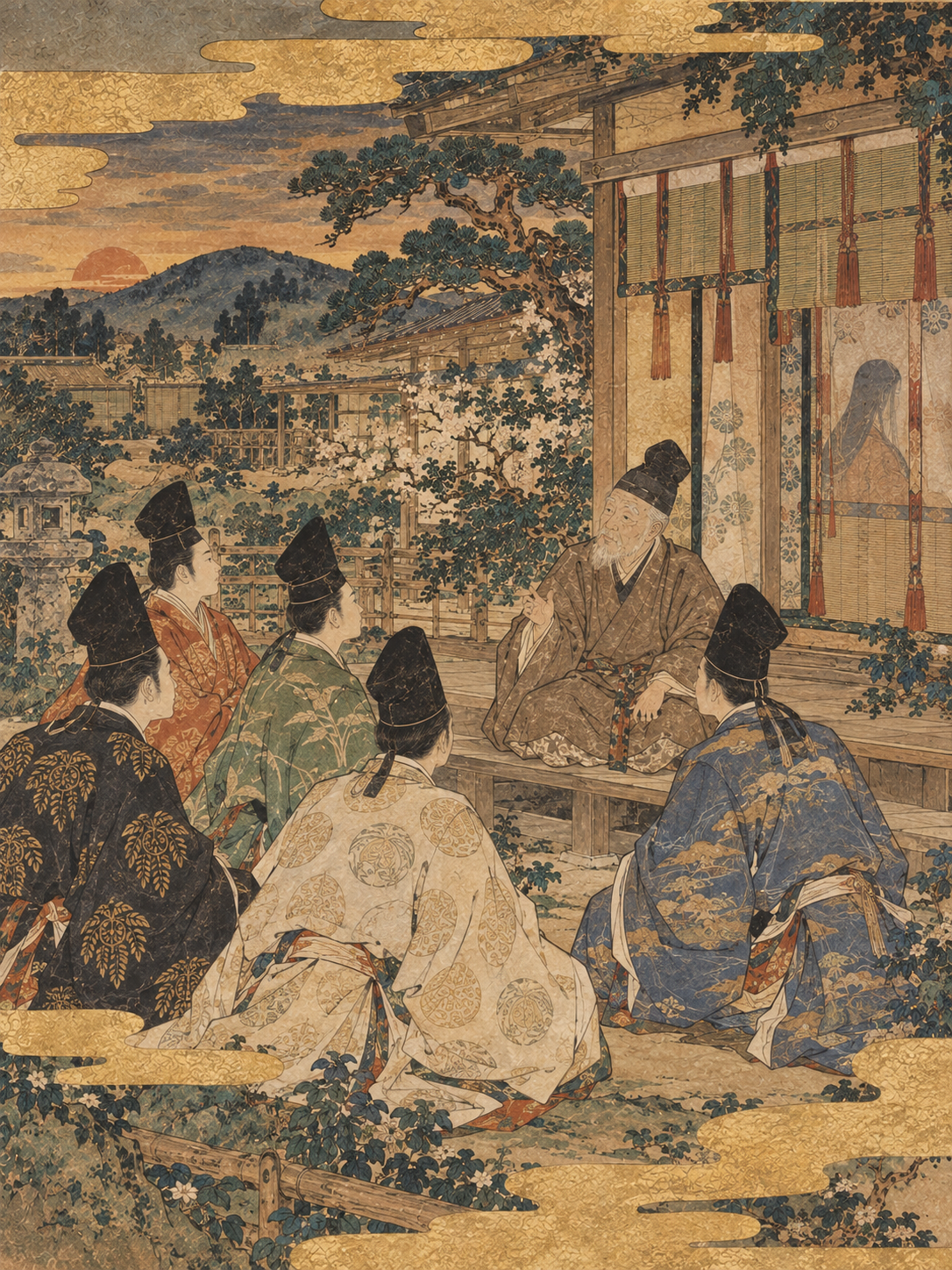 竹取の翁が五人の求婚者にかぐや姫の条件を伝える絵巻物風の生成AI画像