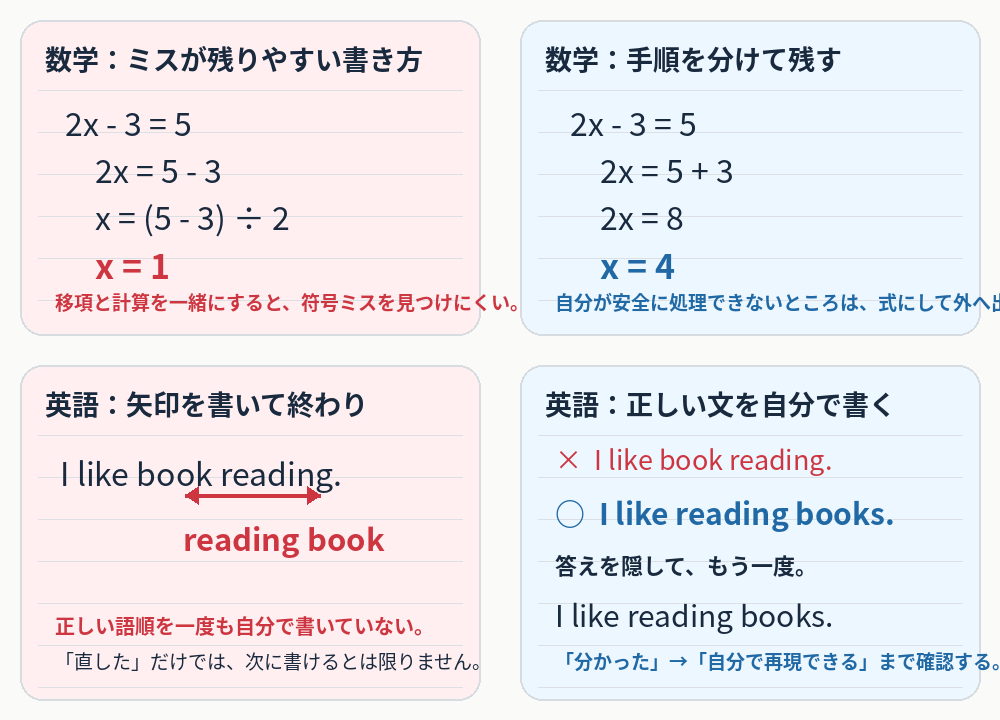 数学では移項と計算を分け、英語では矢印だけで終わらずI like reading books.と正しい英文を書き直すノート例